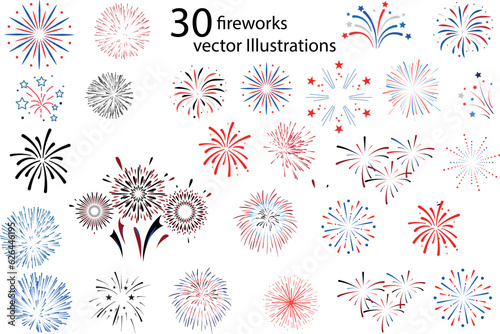 Colorful Fireworks Set: A collection of bright and festive fireworks in various shapes and sizes, perfect for celebrating any occasion., Celebrate with this amazing set of fireworks vectors 