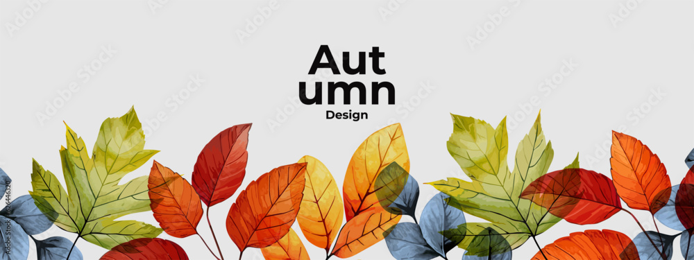 Autumn seasonal background with long horizontal border made of falling autumn green, golden, red and orange colored leaves isolated on background. Hello autumn vector illustration