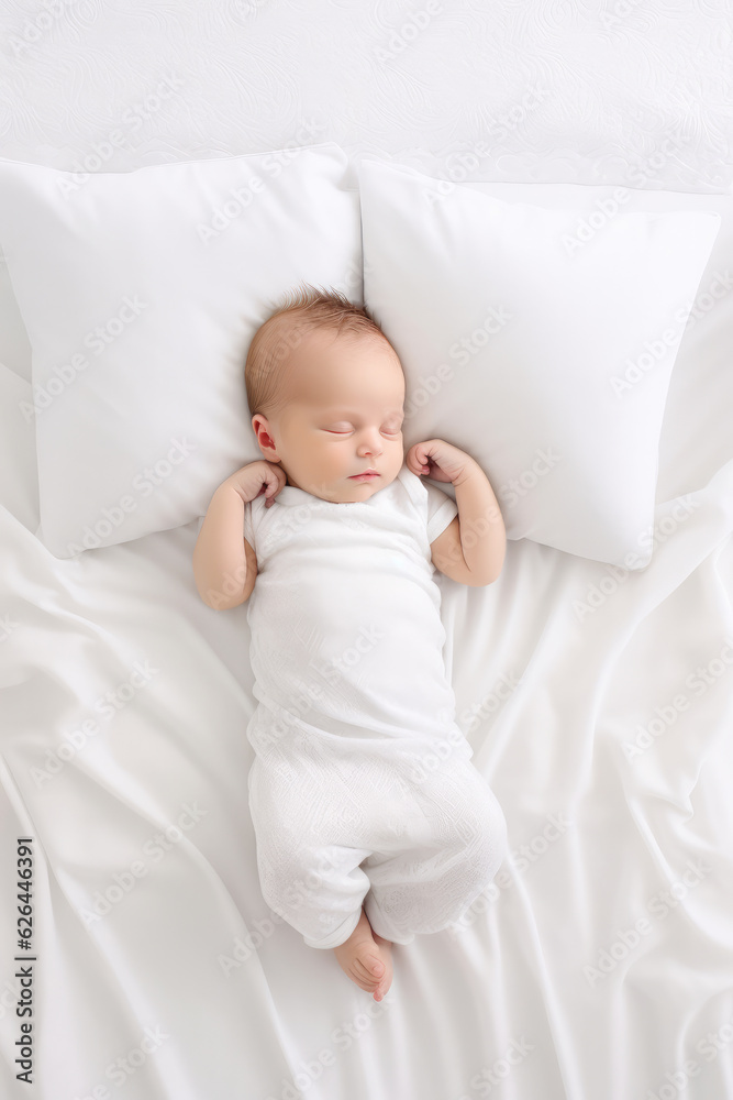 Newborn sleeping on the white bed, New family and baby protection concept Newborn sleeping on the white bed, New family and baby protection concept