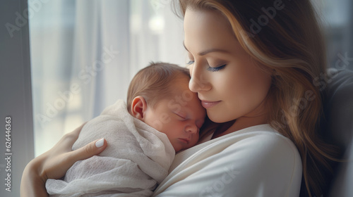 Loving mom carying of her newborn baby at home. Bright portrait of happy mum holding sleeping infant child on hands. Mother hugging her little 2 months old son. photo