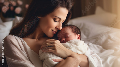 Loving mom carying of her newborn baby at home. Bright portrait of happy mum holding sleeping infant child on hands. Mother hugging her little 2 months old son.