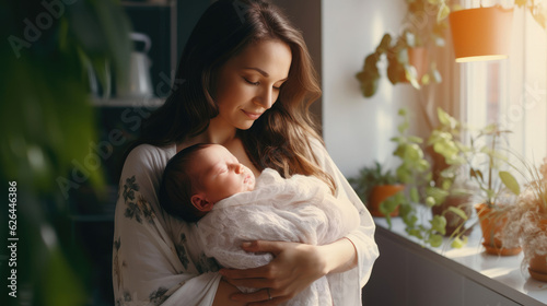 Loving mom carying of her newborn baby at home. Bright portrait of happy mum holding sleeping infant child on hands. Mother hugging her little 2 months old son. photo