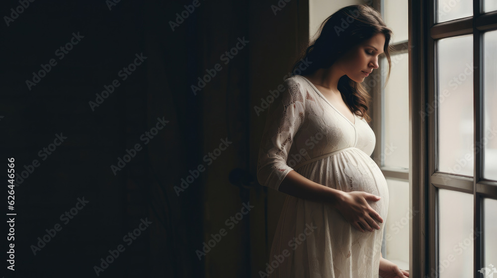 A pregnant woman in a dress sits by the window
