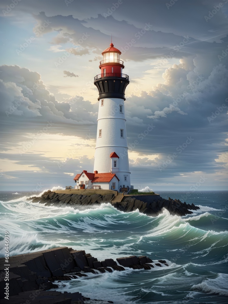 Illustration of a picturesque lighthouse standing tall against a rugged coastal backdrop
