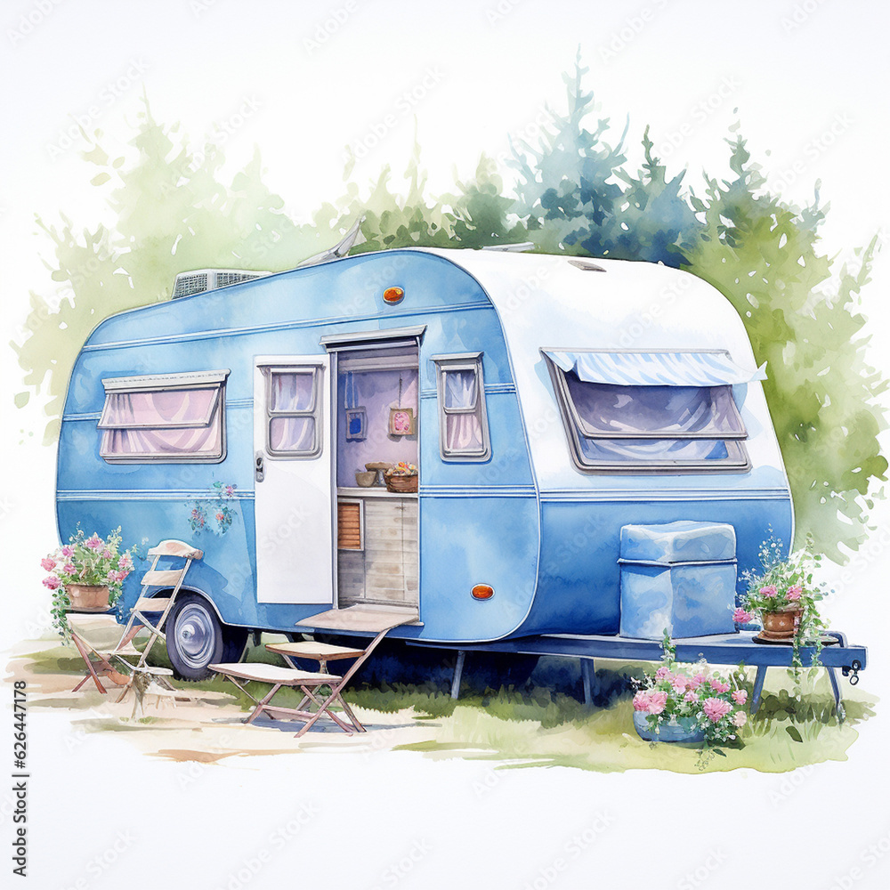 Caravan Camping Watercolor Background