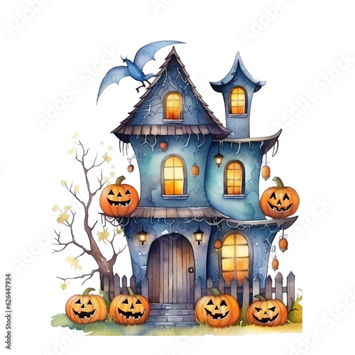 Halloween haunted house, watercolor style. Halloween concept .created with Generative AI technology © praewpailyn