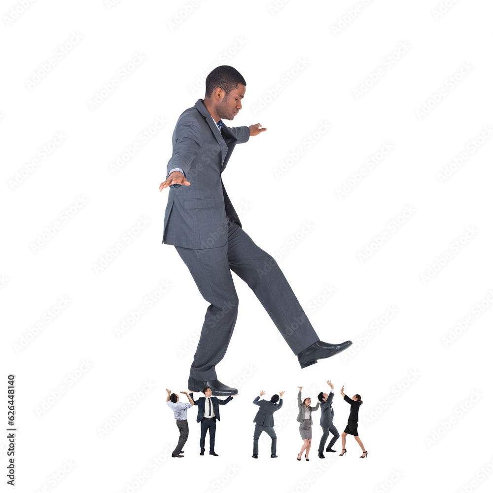 Obraz premium Digital png photo of biracial businessman walking over business people on transparent background