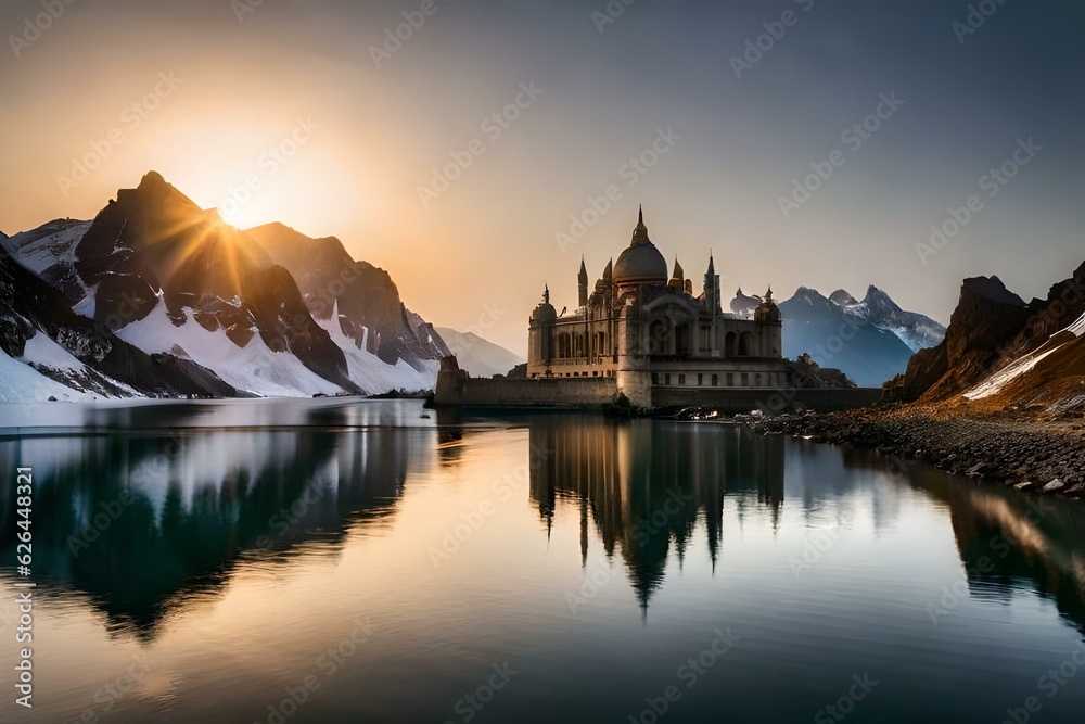Fototapeta premium reflection of mountain at sunset