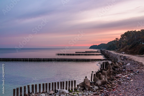 View on beach of Baltic sea in Svetlogorsk at sunrise. Kaliningrad region. Russia