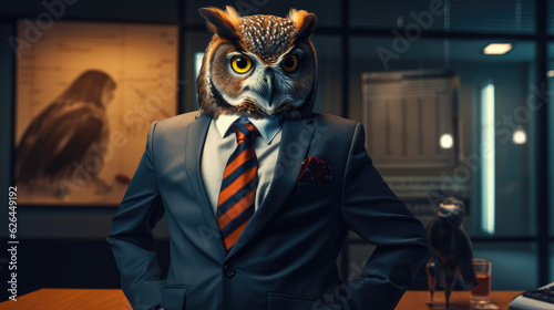 An owl in a business suit by a financial growth chart, epitomizing wisdom in business. Generative AI