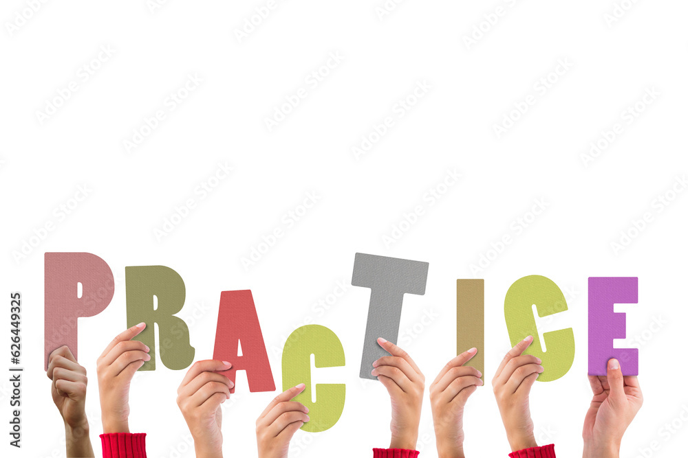 Digital png illustration of hands with practice text on transparent background Digital png illustration of hands with practice text on transparent background