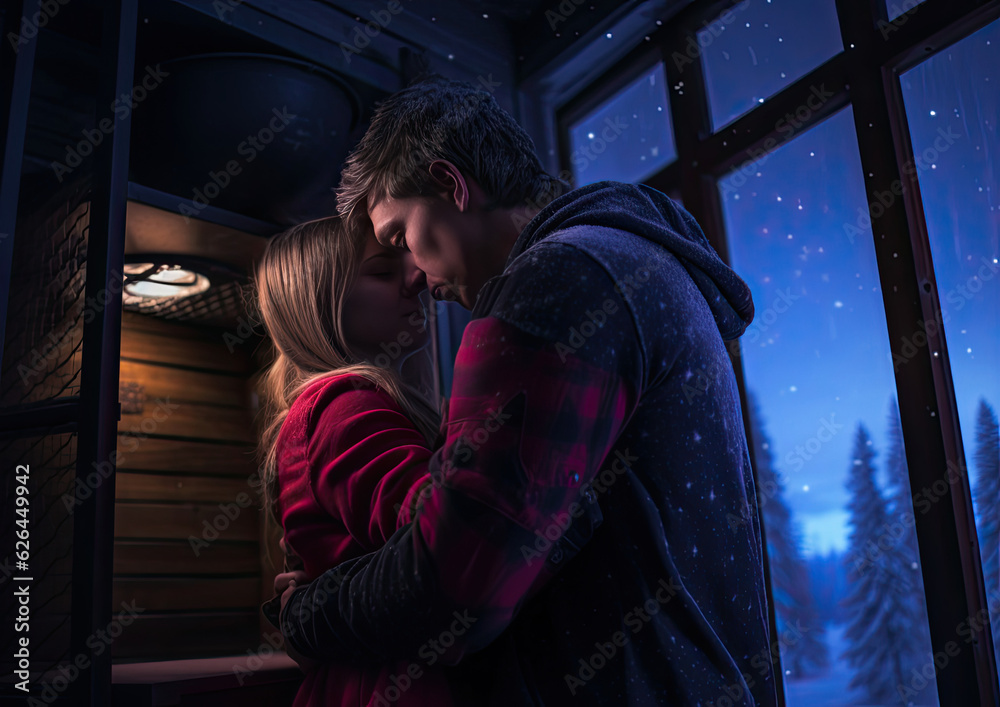 A passionate kiss between a man and a woman in front of a scenic window A passionate kiss between a man and a woman in front of a scenic window