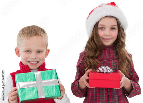 Digital png photo of two caucasian children holding gifts on transparent background