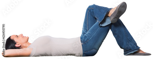 Digital png photo of happy caucasian woman lying down on transparent background