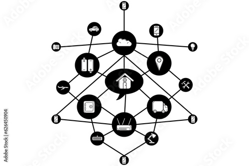 Digital png illustration of network of connections with media icons on transparent background