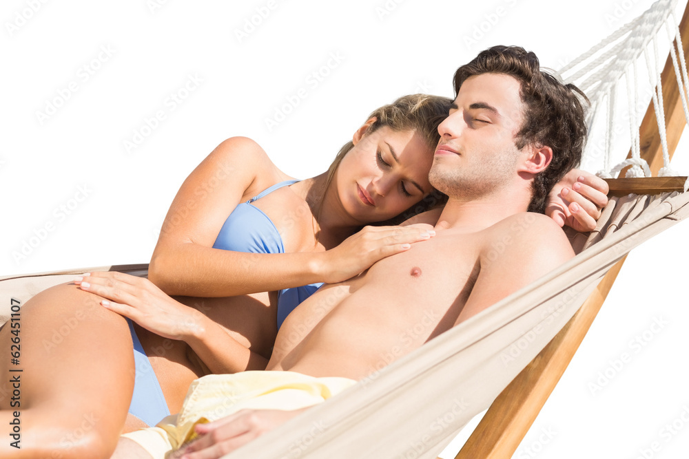 Digital png photo of caucasian couple lying in hammock on transparent background