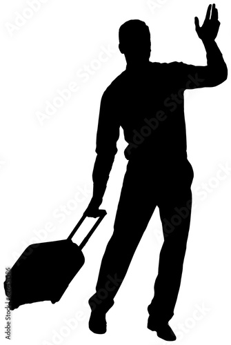 Digital png silhouette of man with suitcase hailing taxi on transparent background