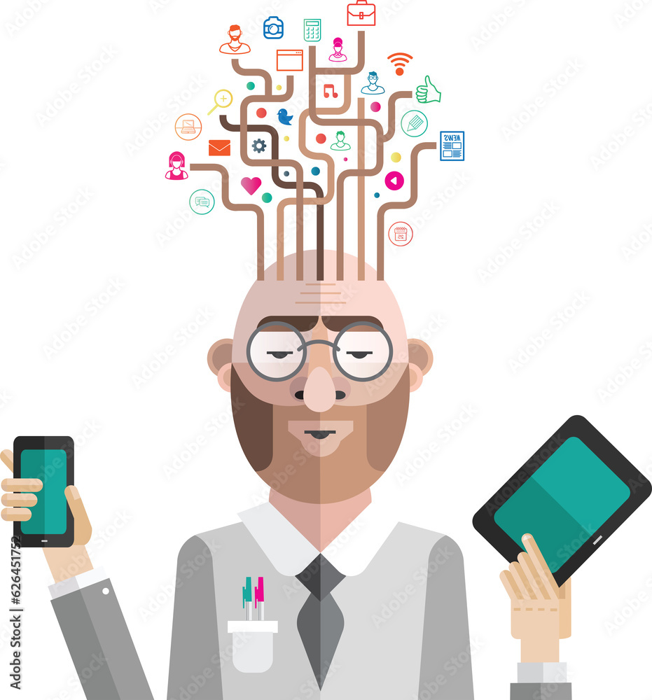 Digital png illustration of man with social media icons on transparent background Digital png illustration of man with social media icons on transparent background