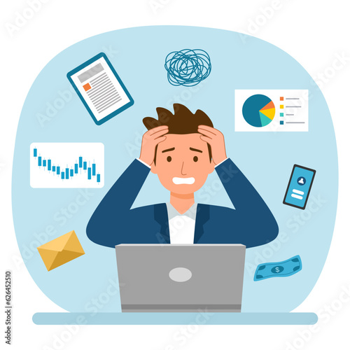 Businessman stress at work. Failure investment or bankruptcy. Workload problem.
