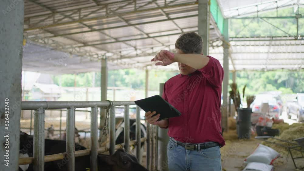 Tired male dairy farm farmer in red shirt using his computer tablet to check on his livestock status at his farm Tired male dairy farm farmer in red shirt using his computer tablet to check on his livestock status at his farm