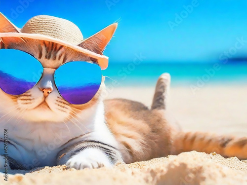 Cat with glasses on vacation on the beach