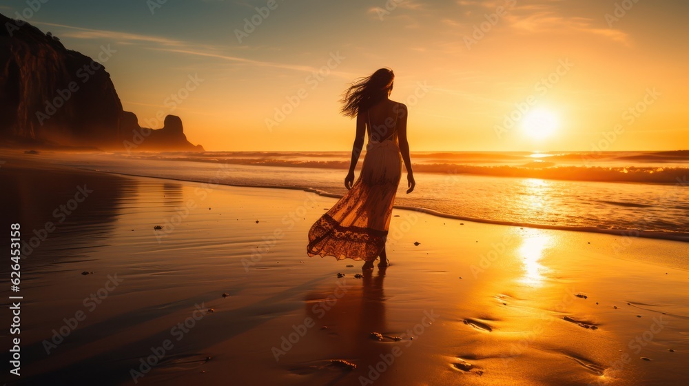 A beautiful young pretty girl walking outdoors at the beach. Generative Ai