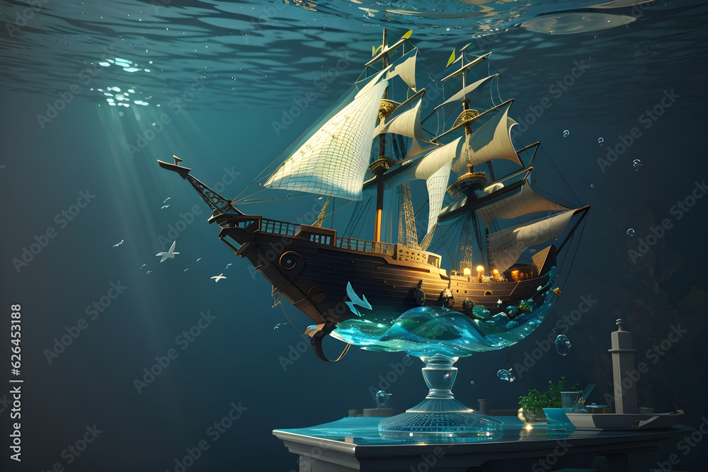 Discover the mystic depths: A sunken ship lies beneath the ocean's 