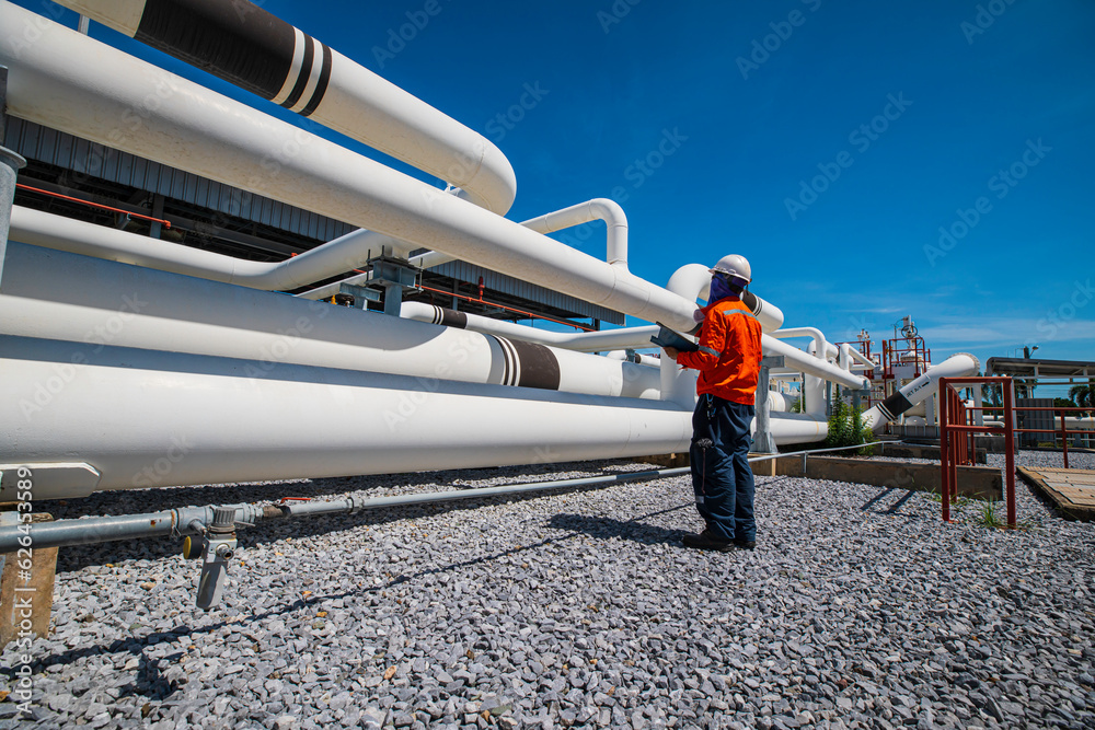 Male worker inspection at steel long pipes and pipe elbow in station oil factory during refinery valve of visual check record pipeline oil Male worker inspection at steel long pipes and pipe elbow in station oil factory during refinery valve of visual check record pipeline oil