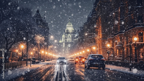 Snowfall in the evening city. Dark background with falling snow. Winter night. 