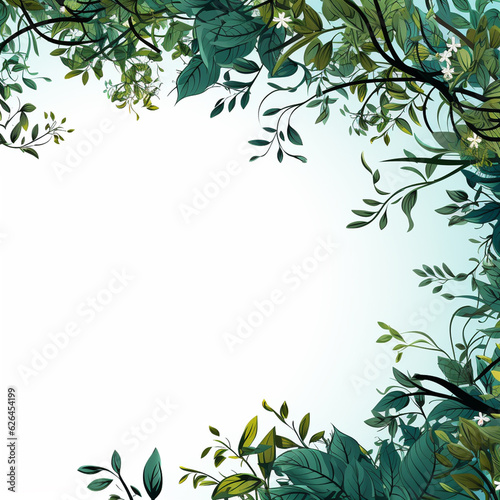 Frame with green leaves and flowers on white background. Vector illustration