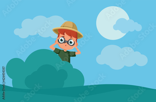 Explorer Boy Looking with Binoculars Hidden in Nature Vector Cartoon. Little child observing playing outdoors checking for birds and plants
