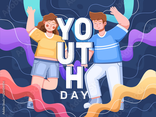 Colorful vector illustration happy young people together celebrate youth day celebration. This illustration embodies the essence of youth empowerment, diversity, and unity.