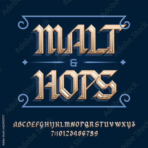 Malt and Hops alphabet font. Medieval letters and numbers for label, badge or emblem design. Stock vector typeface for your typography design.