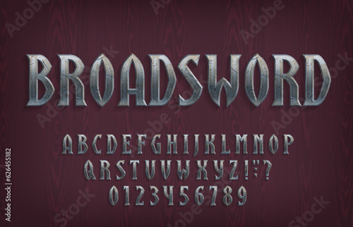Broadsword alphabet font. Distressed metal letters and numbers on a wooden background. Stock vector typescript for your typography design.