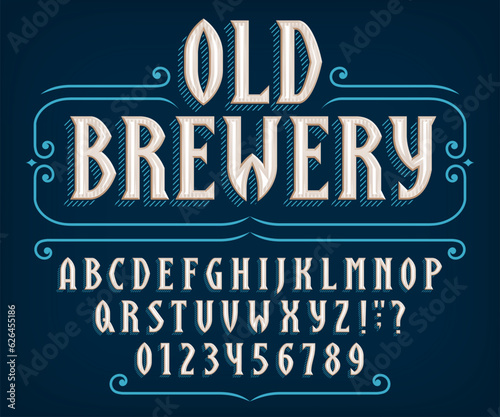 Old Brew alphabet font. Ancient letters and numbers for label, badge or emblem design. Stock vector typeface for your typography design.