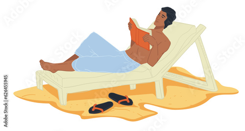Man lying on chaise longue and reading book vector