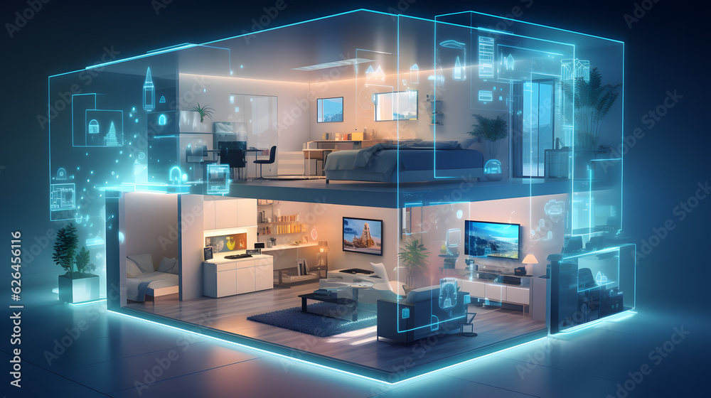 Smarthome isometric concept with IoT, AI hologram explanation Smarthome isometric concept with IoT, AI hologram explanation