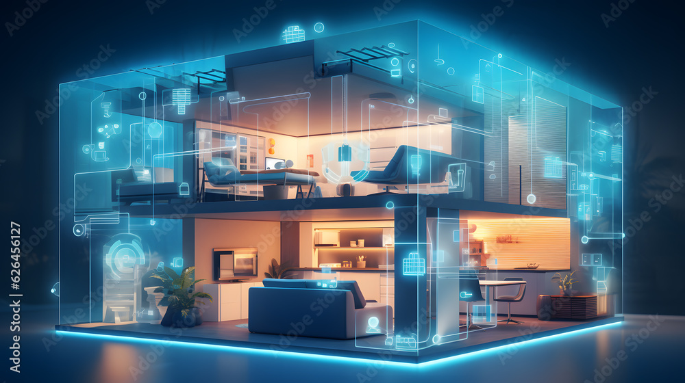 Smarthome isometric concept with IoT, AI hologram explanation