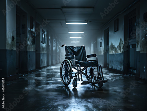 Fotografia an empty wheelchair in an abandoned hospital aisle