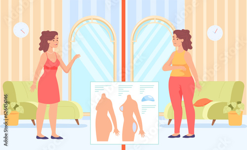 Happy woman before and after plastic surgery vector illustration. Cartoon drawing of girl getting liposuction, breast augmentation, body transformation. Plastic surgery, beauty concept