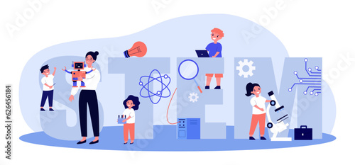 Children studying science and engineering vector illustration. Cartoon drawing of STEM education scene, kids programming and making robots. Education, technology, programing, AI concept