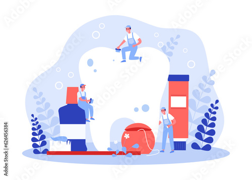Tiny maintenance workers cleaning huge tooth vector illustration. Cartoon drawing of men in uniform with brushes, huge toothbrush, toothpaste, floss and mouthwash. Dental care, oral hygiene concept
