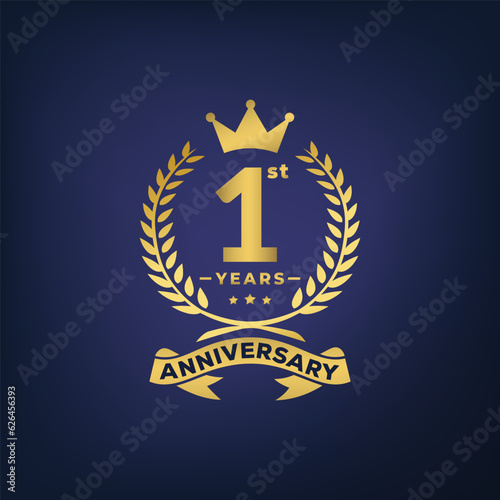 1st years anniversary laurel wreath logo or icon. 1 Years Anniversary elegant Gold Line Celebration Vector