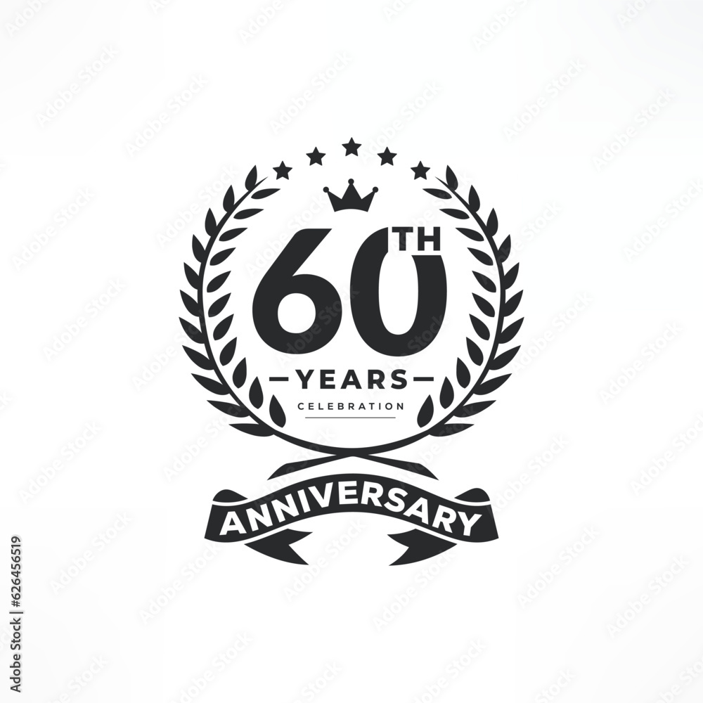 60 years anniversary logo emblem. 60th years Celebrating Anniversary Logo. 60 years anniversary celebration logo design with decorative ribbon or banner.