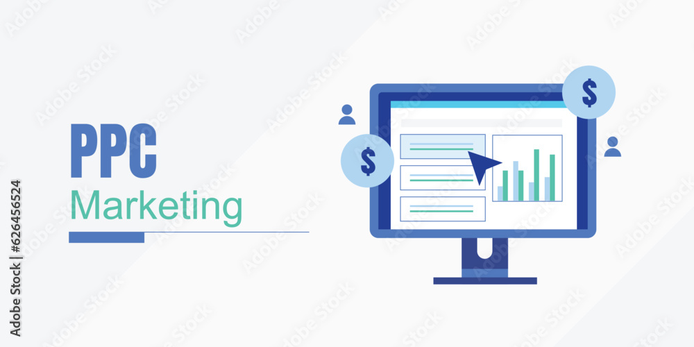 PPC marketing strategy.  Pay per click advertising campaign. Search engine marketing analysis. Vector landing page illustration. - obrazy, fototapety, plakaty 