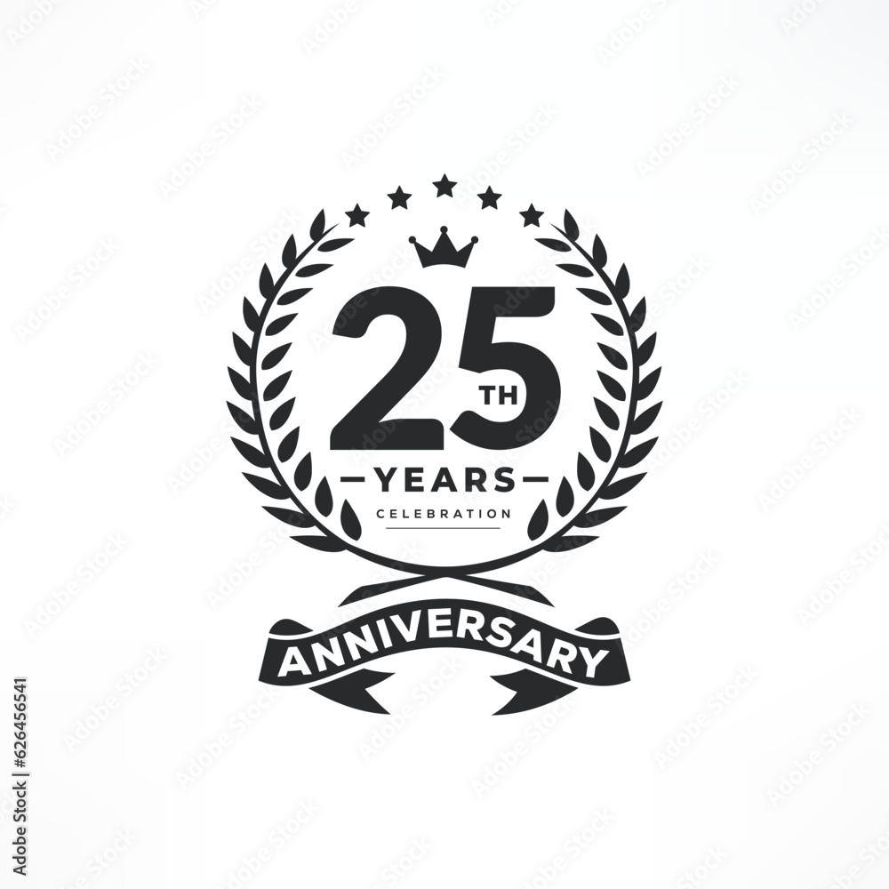 25 years anniversary logo emblem. 25th years Celebrating Anniversary Logo. 25 years anniversary celebration logo design with decorative ribbon or banner.
