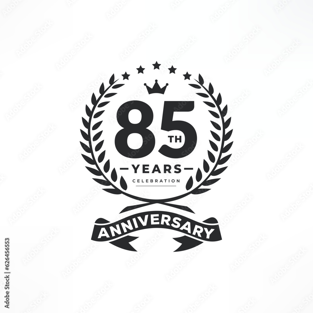 85 years anniversary logo emblem. 85th years Celebrating Anniversary Logo. 85 years anniversary celebration logo design with decorative ribbon or banner 85 years anniversary logo emblem. 85th years Celebrating Anniversary Logo. 85 years anniversary celebration logo design with decorative ribbon or banner