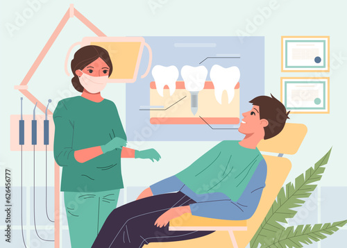 Dentist in face mask and patient in chair vector illustration. Cartoon drawing of female doctor, dental equipment, teeth scheme on wall. Dentistry, dental care, oral hygiene, healthcare concept