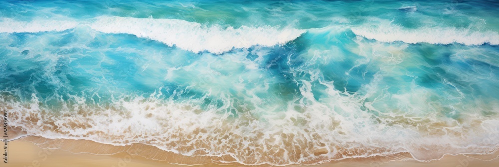 Aerial view drone over beach sea background. Beautiful sea waves. Beach sand and amazing sea wallpaper banner. Generative AI