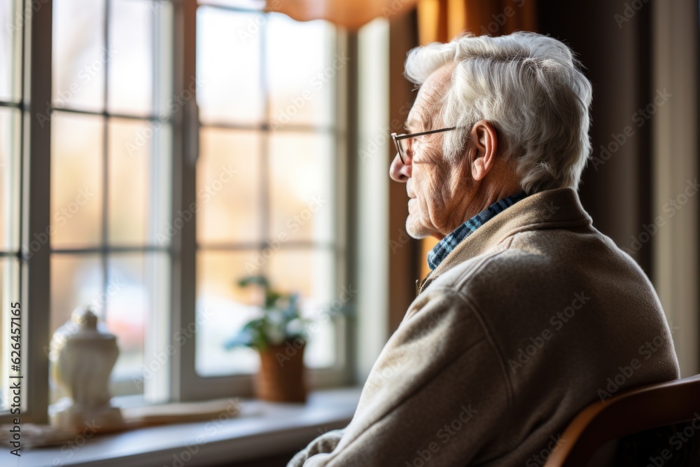 old man sitting in an armchair and looking through the window Lonely old man sitting at home near window pandemic. Thoughtful retiree man abandoned at the nursing home. old man sitting in an armchair and looking through the window Lonely old man sitting at home near window pandemic. Thoughtful retiree man abandoned at the nursing home.